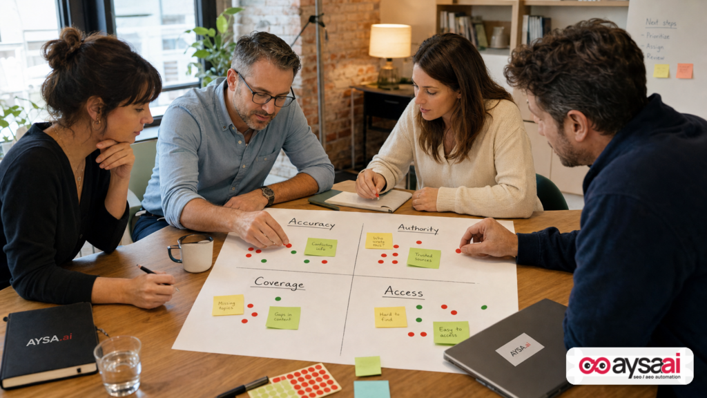 Team mapping AI visibility issues into four categories: accuracy, authority, coverage, and access.