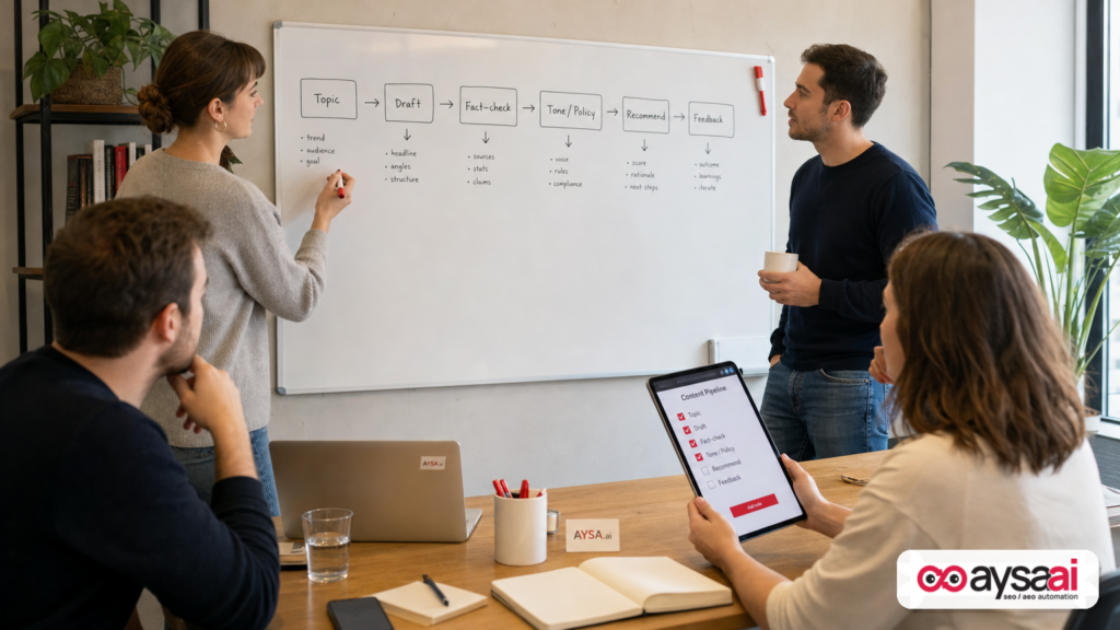 Team mapping an AI content pipeline on a whiteboard with quality checks and feedback loops.