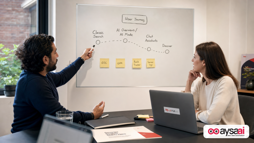 Team mapping classic search, AI search, assistants, and Discover to analytics tools like GA4 and Search Console.