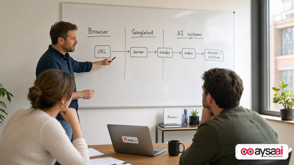 Team mapping differences between browser, Googlebot, and AI systems during a technical SEO audit.