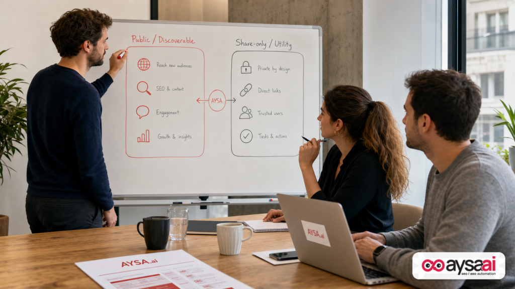 Team mapping public pages vs share-only utility pages on a whiteboard to decide what should be indexed.