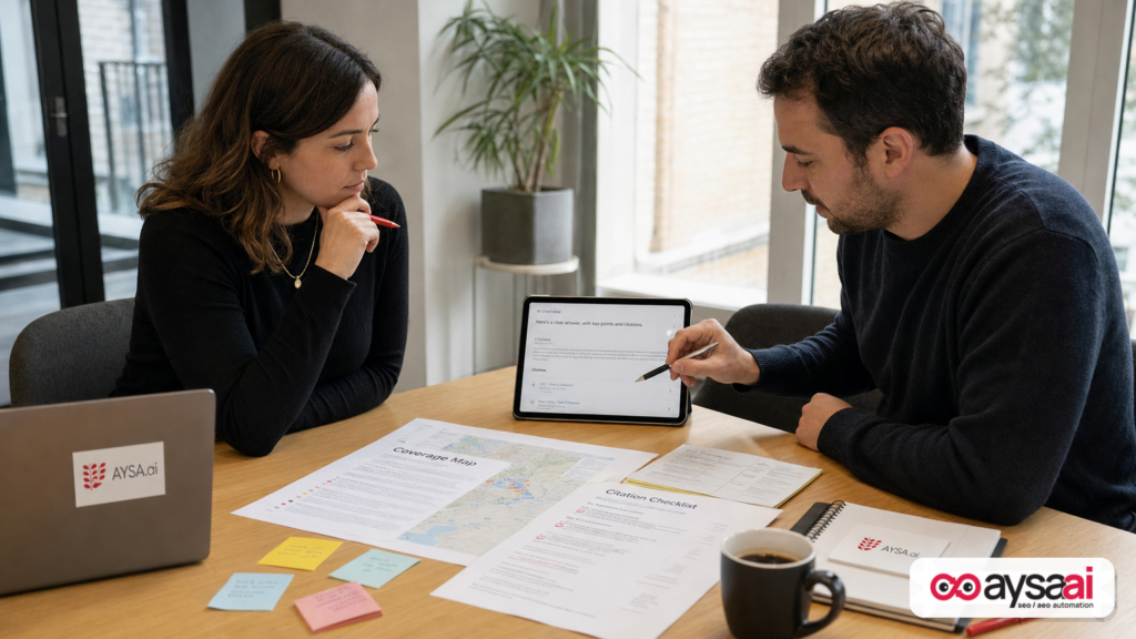 Team planning content coverage for AI citations using checklists and a coverage map.