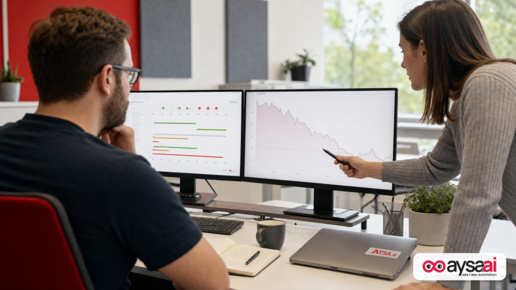 Team reviewing a site incident timeline and a search performance dip on dual monitors.