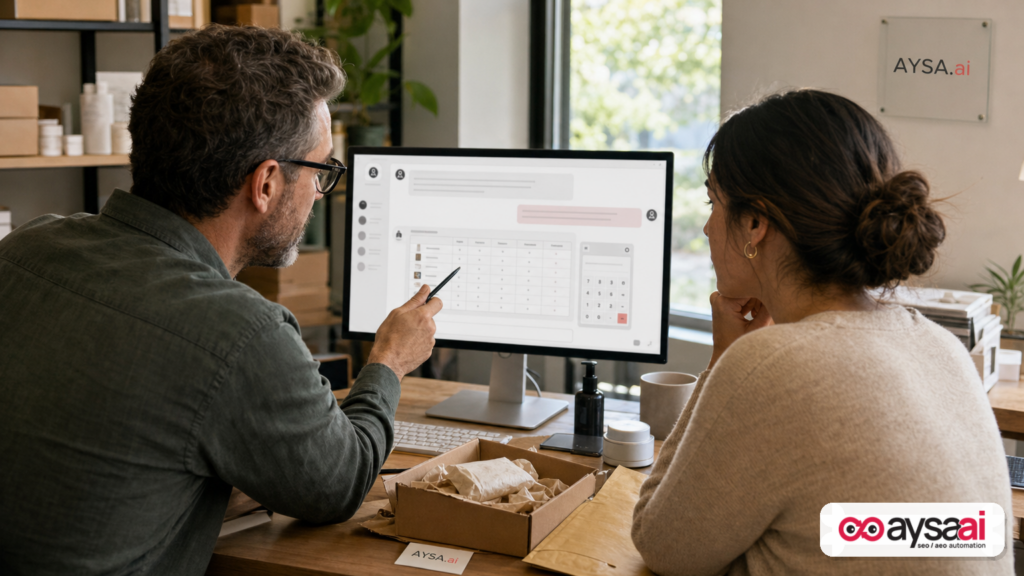 Team reviewing an AI chat that displays a product comparison and a calculator widget.