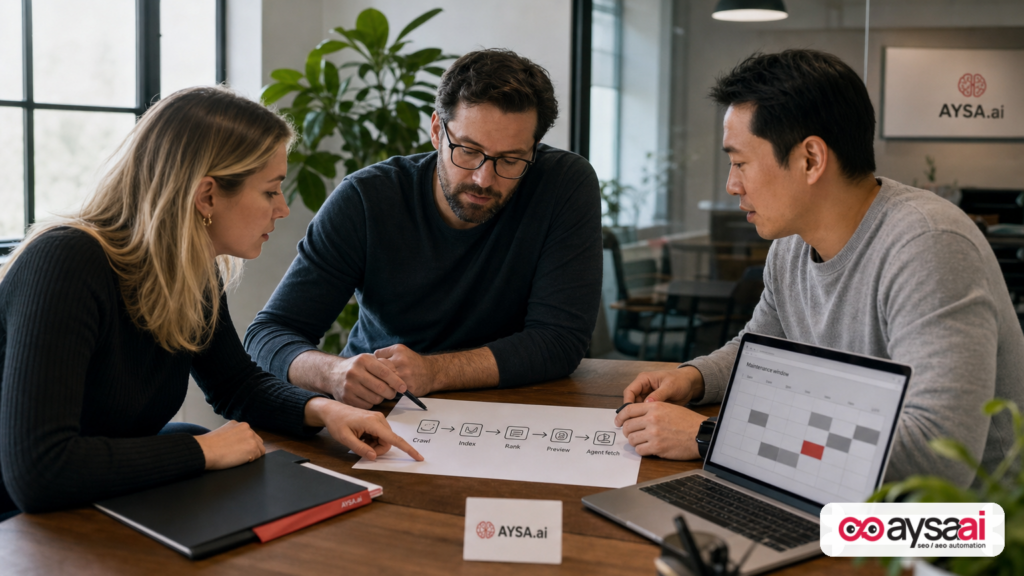 Team reviewing how crawler, preview, and agent systems depend on operational website signals.