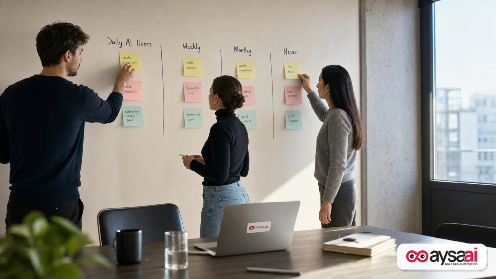Team segmenting customers by AI usage frequency on a wall with sticky notes
