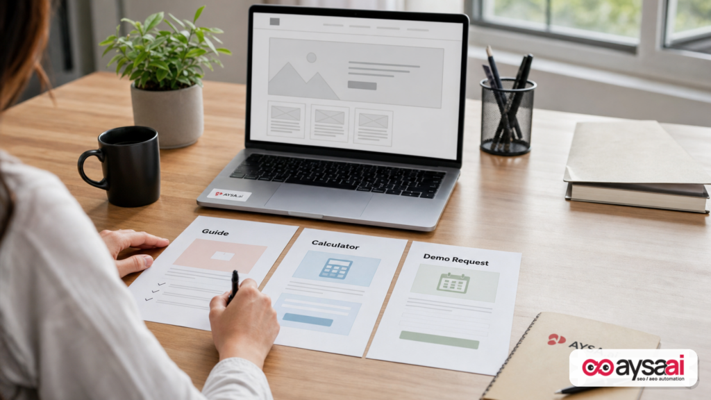 Three different B2B offers (guide, calculator, demo) laid out to match different buyer intent stages.