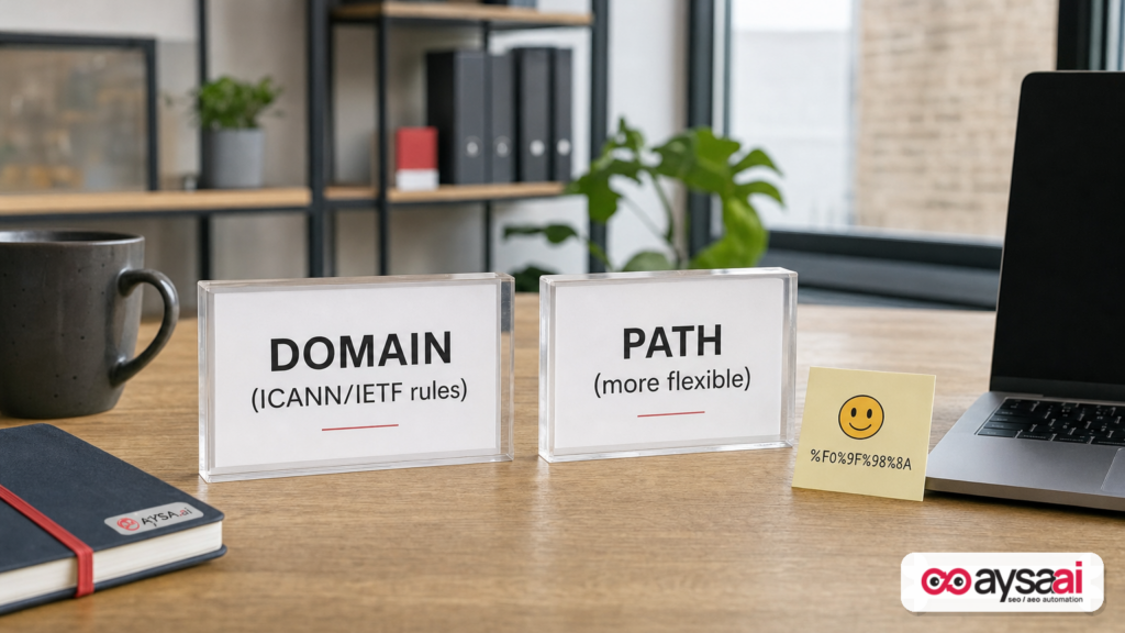 Two labeled blocks showing domain rules versus URL path flexibility with an example of percent-encoding.