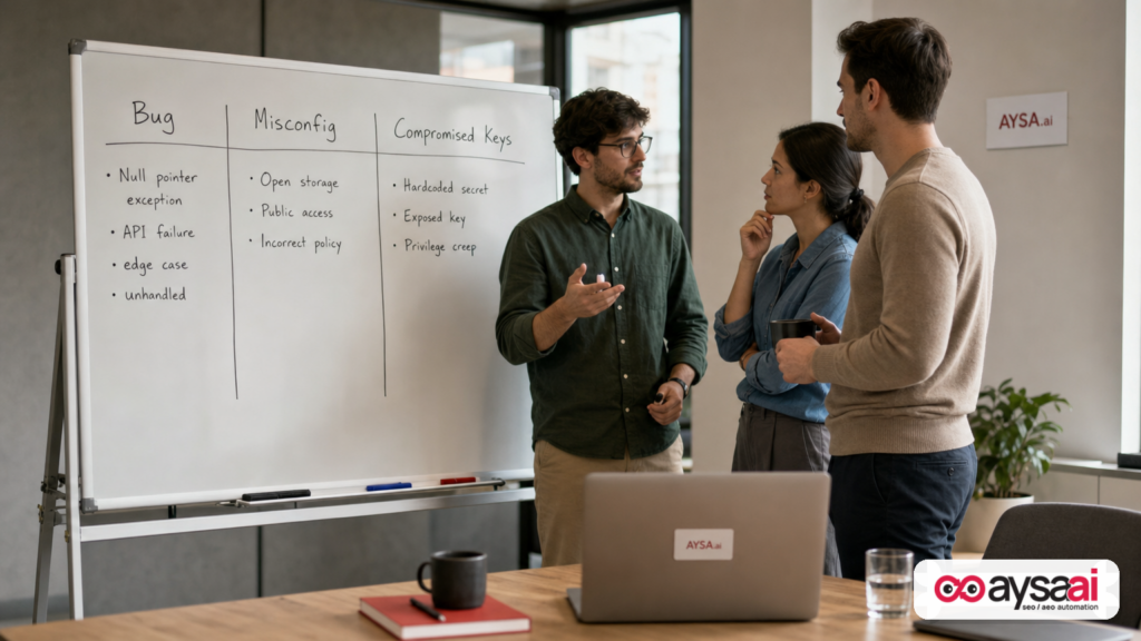 Whiteboard comparing bug risk, misconfiguration risk, and compromised keys risk during a team discussion.