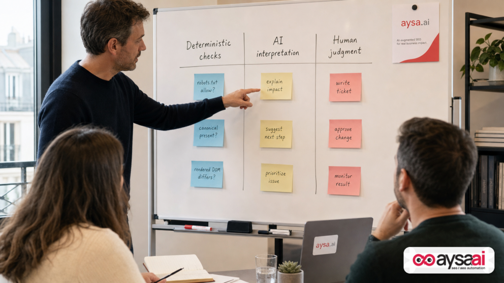 Whiteboard showing a three-step SEO workflow: deterministic checks, AI interpretation, and human judgment.