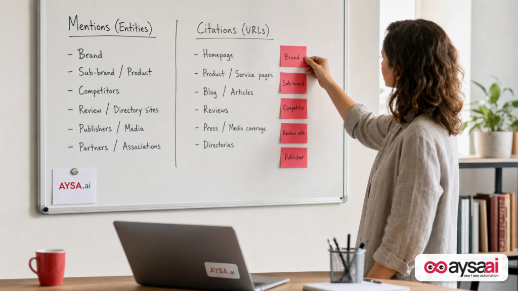 Whiteboard showing two columns: mentions (entities) versus citations (URLs) with sticky notes.