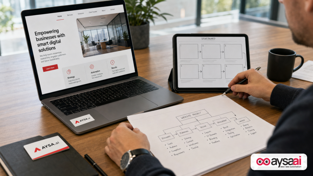 Workspace with HTML prototype, storyboard, and diagram representing different AI output formats beyond plain paragraphs.